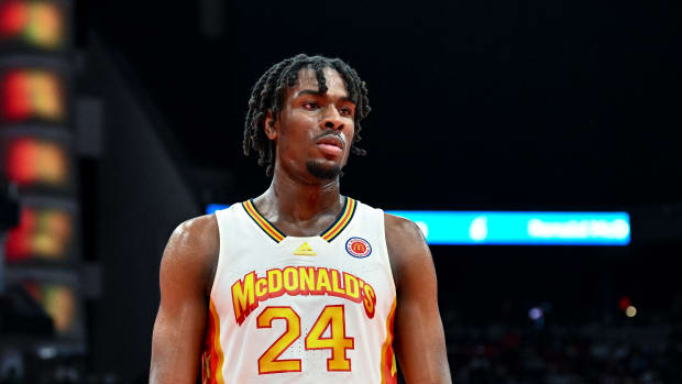 Mar 28, 2023; Houston, TX, USA; McDonald's All American East forward Mackenzie Mgbako (24) stands on the court during the first half against the McDonald's All American West at Toyota Center.